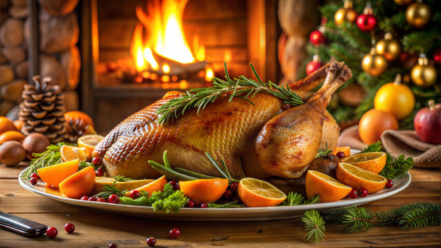 Close-up of Christmas roast goose garnished with oranges and herbs surrounded by holiday decorations in cozy dining room with fireplace in background