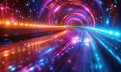Obraz premium A colorful light speed hyperspace warp background with streaks of light converging towards an event horizon.