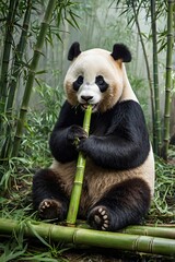 Naklejka premium A gentle giant panda leisurely eating bamboo in a tranquil, mist-covered bamboo forest, with a serene and peaceful atmosphere. Generative AI