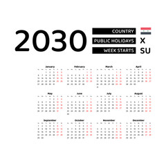 Calendar 2030 English language with Syria public holidays. Week starts from Sunday. Graphic design vector illustration.