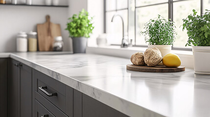 Stylized representation of a laminate countertop with a high-gloss finish, featuring subtle patterns and a sleek edge, set in a minimalist kitchen setting, emphasizing modern and clean aesthetics