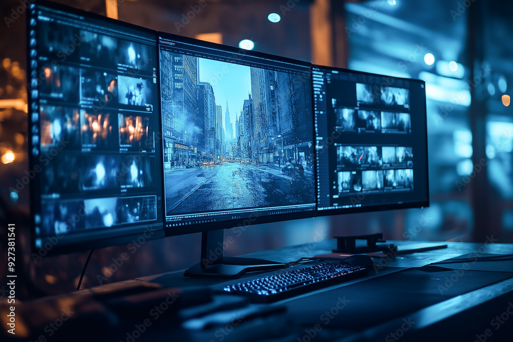 Poster video editing production studio work space computer monitor display for content creation