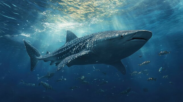 A whale shark swimming gracefully through the open ocean, its massive size dwarfing the surrounding fish.
