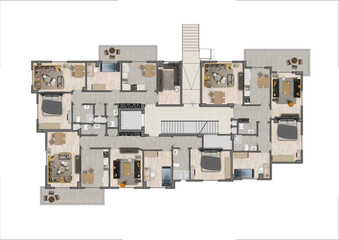 Floor plan of a modern apartment with 3 flats. Top view. Architectural CAD drawing, photoshop plan rendering, coloured and furnished. Plan illustration.