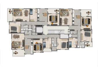 Floor plan of a modern apartment with 3 flats. Top view. Architectural CAD drawing, photoshop plan rendering, coloured and furnished. Plan illustration.