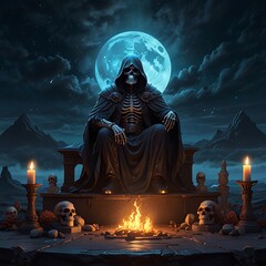 A high reflective obsidian material worn on the grim reaper sitting on skulls, surrounded by mist, glowing moonlight, auror borealis