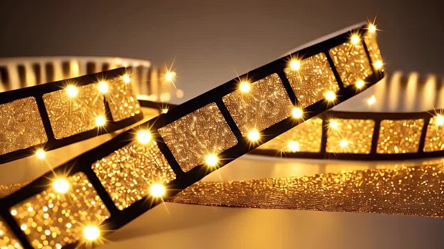 Vintage Golden Film Strip Adorned with Sparkling Lights, Symbolizing the Magic of Cinema and Perfect for Movie Themed Decor, Posters, or Artistic Projects