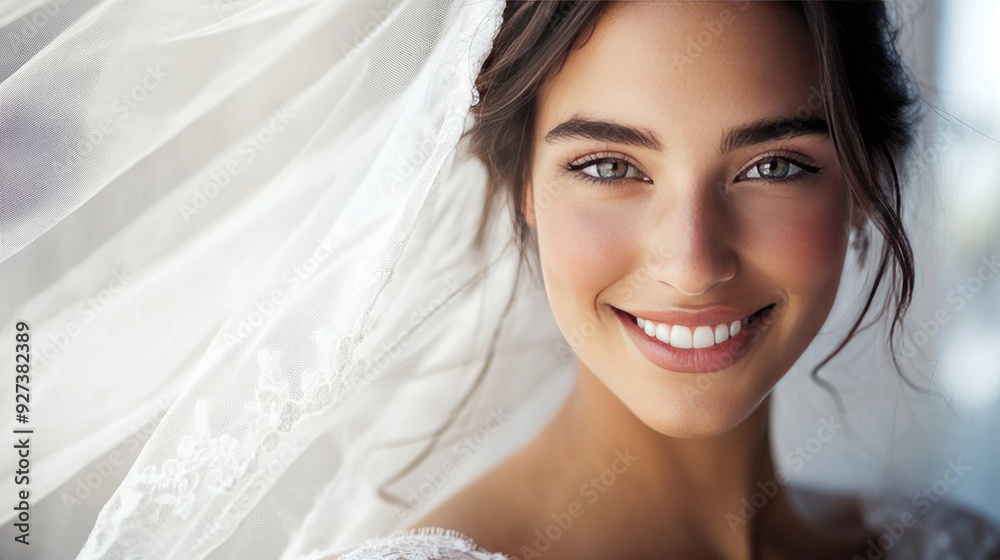 Wall mural A close-up portrait of a beautiful bride on her wedding day, with a soft smile and elegant veil, embodying joy and love