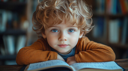 Young boy enjoys reading in a cozy home setting.