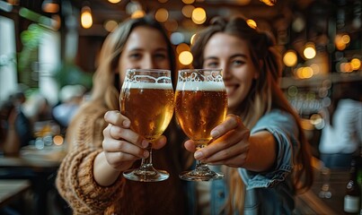 A hand holding a glass of blond beer at a party, with people cheering and enjoying together.