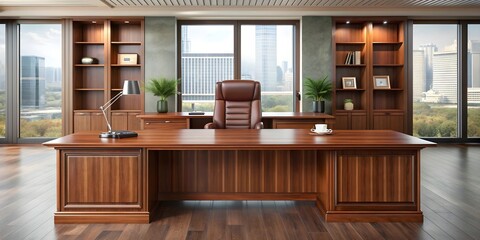 Fototapeta premium Executive desk with high-quality wood finish and spacious design, executive, desk, wood, finish, spacious, design