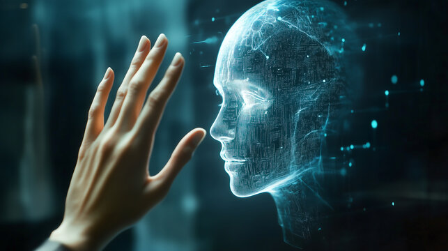 hand reaching out to touch the digital human face of an AI, symbolizing interaction and connection between humans and artificial intelligence in a futuristic technology concept