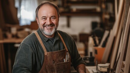 Fototapeta premium A happy middle-aged carpenter, captured mid-work in his workshop, with a proud smile and focused demeanor.