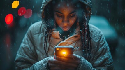 Woman Using Phone in the Snow