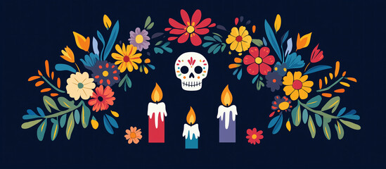 Mexican Day of the Dead, floral wreath with skulls and candles, flat vector illustration