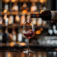 Sophisticated sommelier pouring premium red wine into crystal glass at modern upscale bar counter
