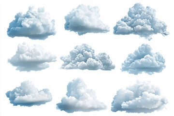 collection of realistic watercolor clouds in various shapes, depicted on a white background, showcasing a serene sky
