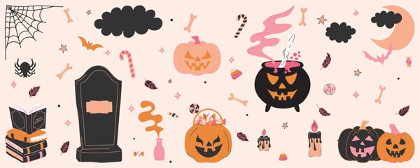 Hand drawn happy and cute halloween elements set. ghost, pumpkin, bat and hat clipart.