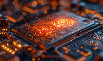 A digital fingerprint on a motherboard background, illustrating digital security concepts.