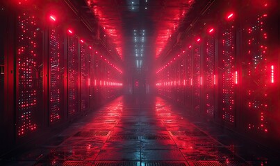 A modern data technology center with server racks in a dark room, visualizing internet traffic and digitalization.