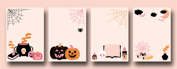 Vector set of Happy Halloween posters. Trendy hand drawn greetings template.