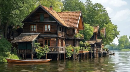 Fototapeta premium painting style illustration banner wallpaper, beautiful Oil painting of a wooden house by the canal village landscape, Generative Ai