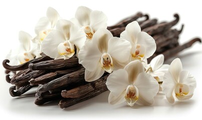 Fototapeta premium Vanilla pods and an orchid flower are isolated on a white and transparent background, highlighting their natural beauty and fragrance.