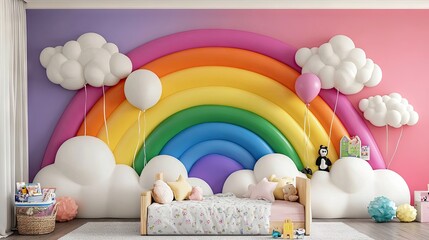 A 3D rainbow mural with balloons tied to clouds, creating a joyful and lively wall design.
