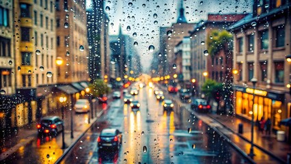 Fototapeta premium Rainy city street seen through a window, Rain, city, street, window, raindrops, urban, wet, reflection, buildings, outdoors