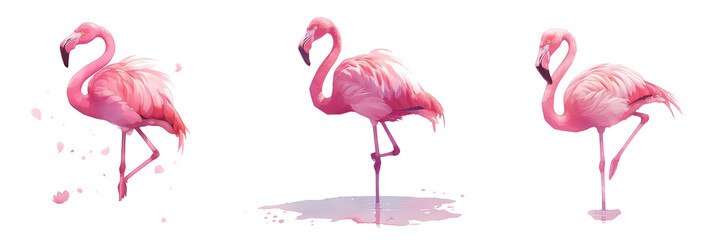 Obraz premium A cheerful flamingo standing on one leg in watercolor style isolated on a transparent background