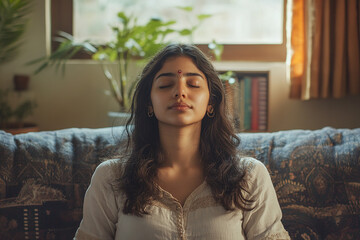 Indian Woman in Meditation Pose on a Couch: Close-Up of Deep Breathing Yoga Practice for Relaxation and Mental Health at Home