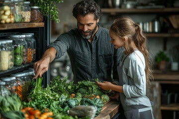 Fototapeta premium A family practicing sustainable living at home, using eco-friendly products and recycling to reduce their environmental footprint