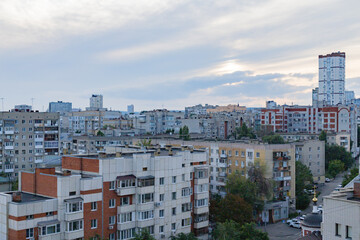 Summer urban landscape. Apartment buildings, administrative buildings.