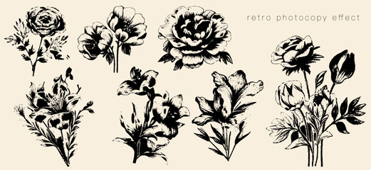 A black and white retro-style floral illustration featuring rose, peony, lily, and ranunculus flowers. Perfect for vintage-inspired aesthetic designs, botanical prints, and with a photocopy effect