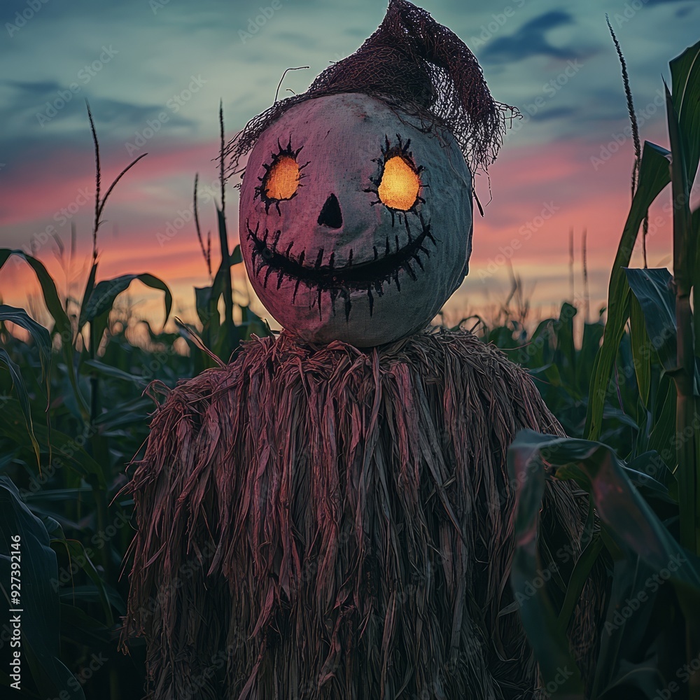 Poster A creepy scarecrow with a jack-o-lantern face stands in a cornfield at sunset.