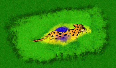 Family of cheetahs walking through tall green grass