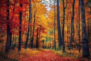 Fototapeta premium Forest Path Amidst Vibrant Autumn Foliage