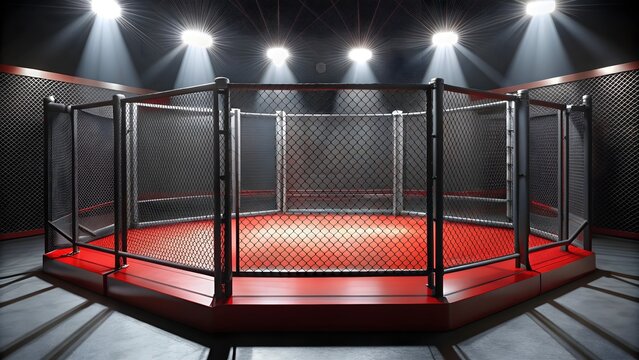 MMA octagon ring with red mat and cage fence , sports, mixed martial arts, fighting, competition, combat, UFC, arena