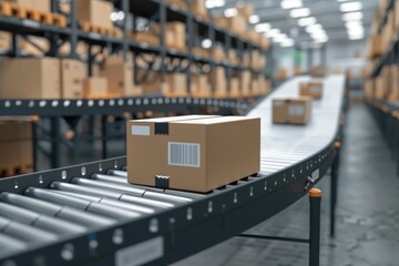 Cardboard boxes on a conveyor belt in a large, automated warehouse, highlighting logistics, shipping, and inventory management.