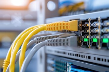 Close-up of network cables plugged into a server, representing data center infrastructure, connectivity, and modern networking technology.