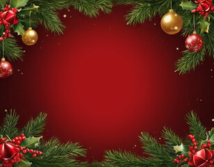 A festive red background with green holly leaves and red ornaments, creating a traditional Christmas atmosphere
