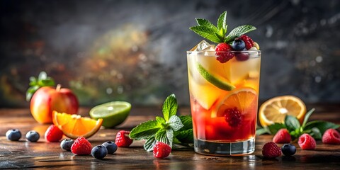 Refreshing cocktail with colorful fruit garnish on the rim of glass, refreshing, cocktail, drink,...