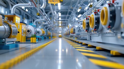 Fototapeta premium Interior view of a high-tech, automated industrial facility with advanced machinery, highlighting modern manufacturing and production technology.