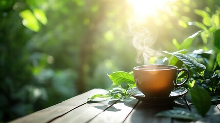 Cup of hot tea and tea leaf on the wooden table and the tea plantations background