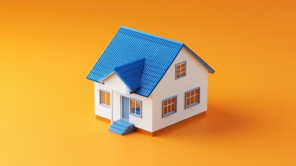 A 3D small house with a blue roof on an orange background, isolated and simple design.