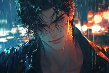 Mysterious anime man with wet hair standing in the rain, illuminated by city lights, exuding a dark, intense, and alluring aura, with a confident and enigmatic expression