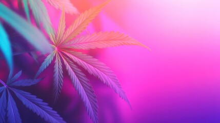 Striking image of a cannabis leaf illuminated by neon lights, showcasing vibrant pink and blue tones for a modern and artistic look.