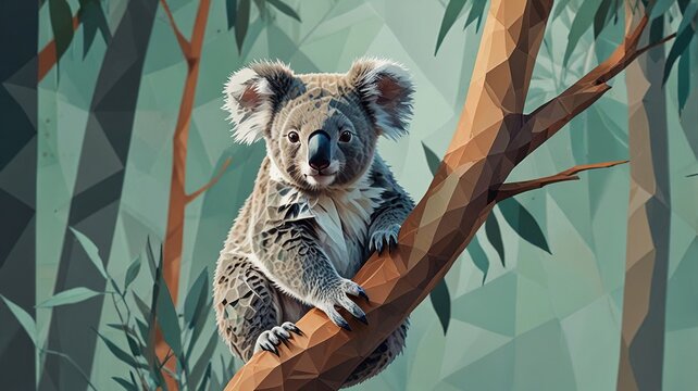 Abstract vector of a koala clinging to a low-poly eucalyptus tree, set against a soft mint green background with gentle grays