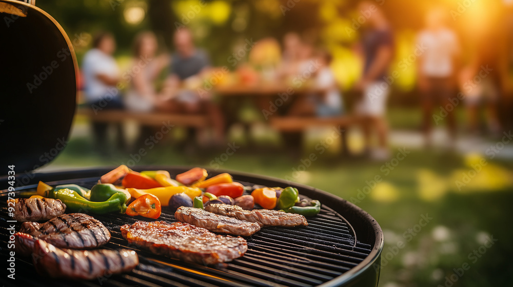 Wall mural Multiple Barbecue Grills Cooking Meat and Vegetables at a Summer Backyard Party, with Family and Friends Enjoying a Sunny Day, Capturing the Fun and Festive Atmosphere