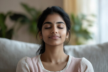 Indian Woman Practicing Meditation on a Couch: Relaxed Close-Up of Deep Breathing Yoga Exercise for Mental Well-Being in a Cozy Living Room